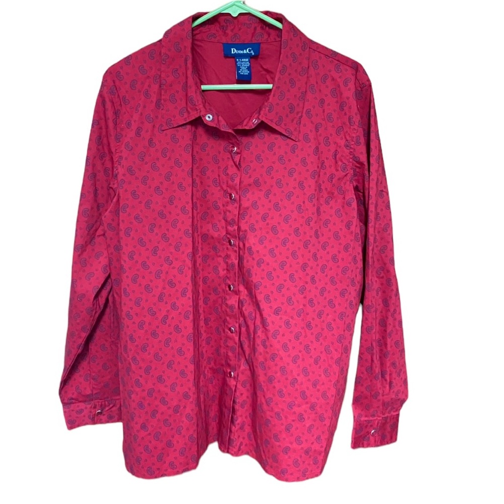 Denim Co Red Blue Paisley Long Sleeve Button Down Shirt Blouse Top XL EUC
